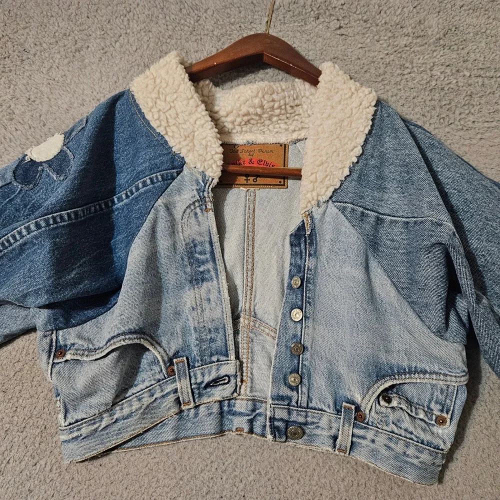 Vintage Spike & Elvis Womens Upcycled Reworked Jeans Jacket Denim Blue Shearling
